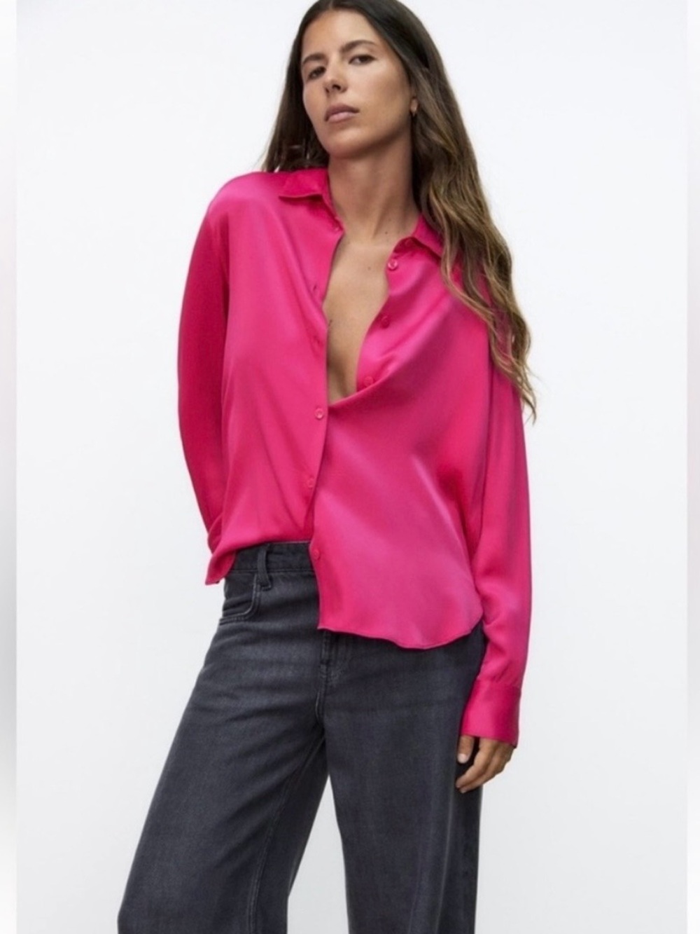 Zara Hot Pink Barbiecore Satin Effect Button Down Long Sleeve Blouse Size Medium
